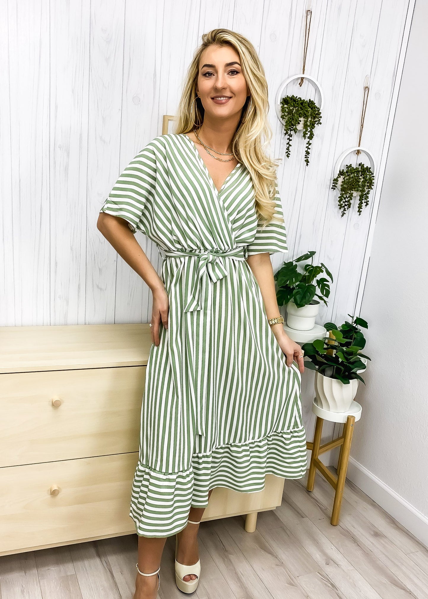 Striped Print Surplice Neck Dress