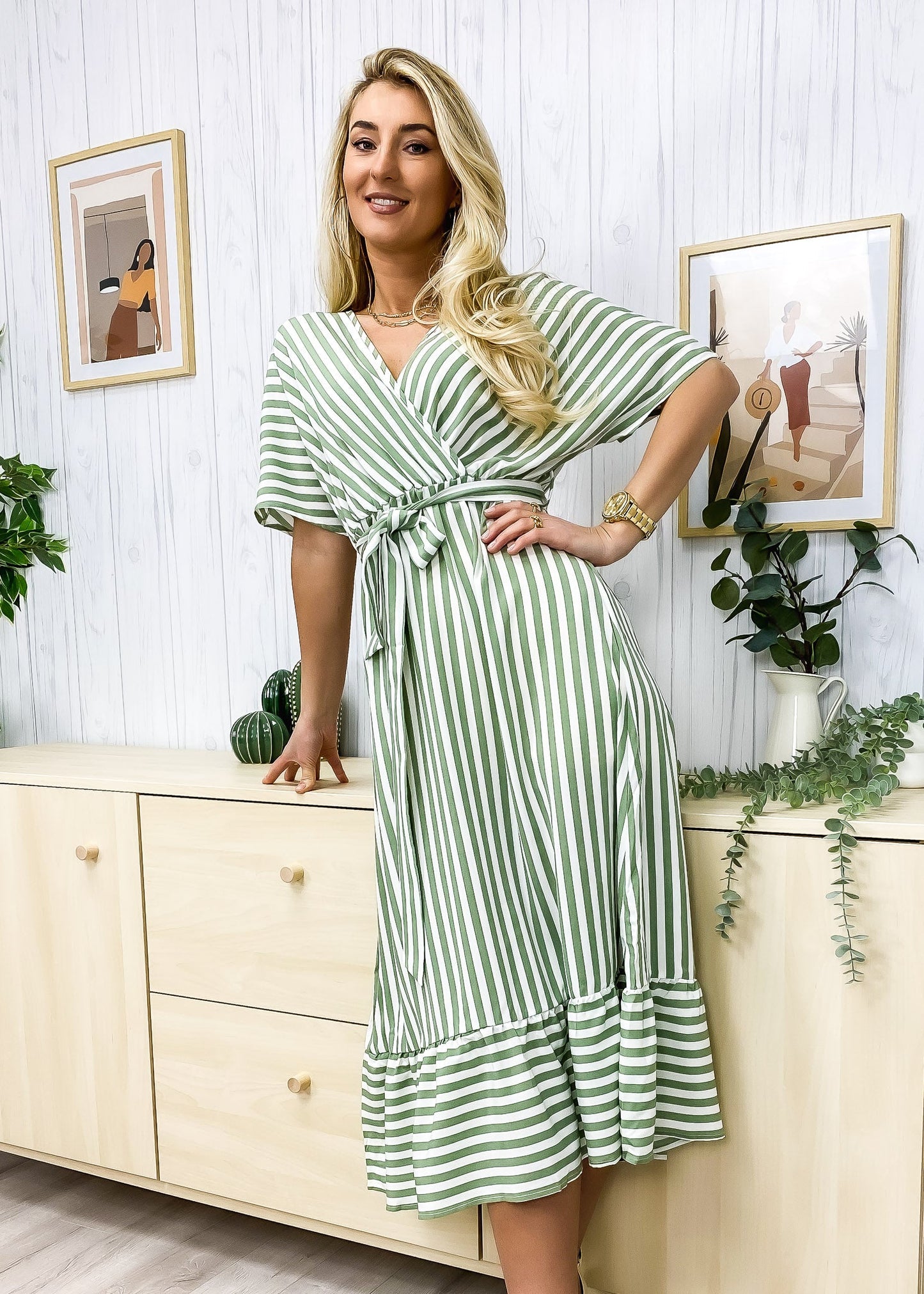 Striped Print Surplice Neck Dress