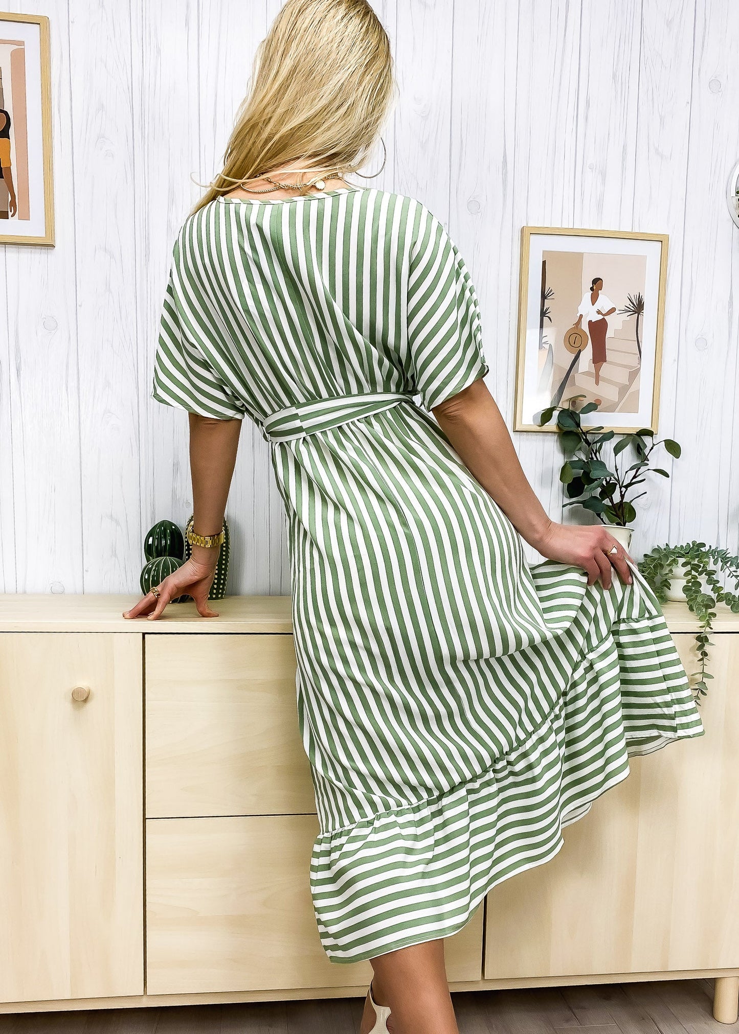 Striped Print Surplice Neck Dress