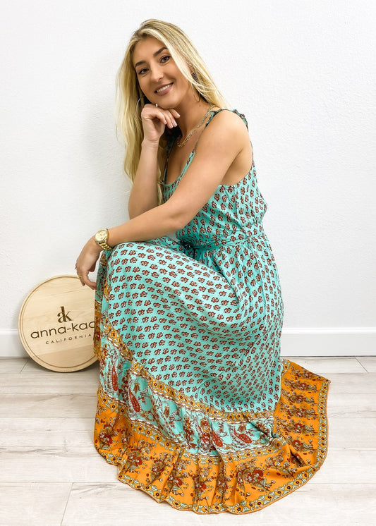 Paisley Print Tie Waist Midi Dress