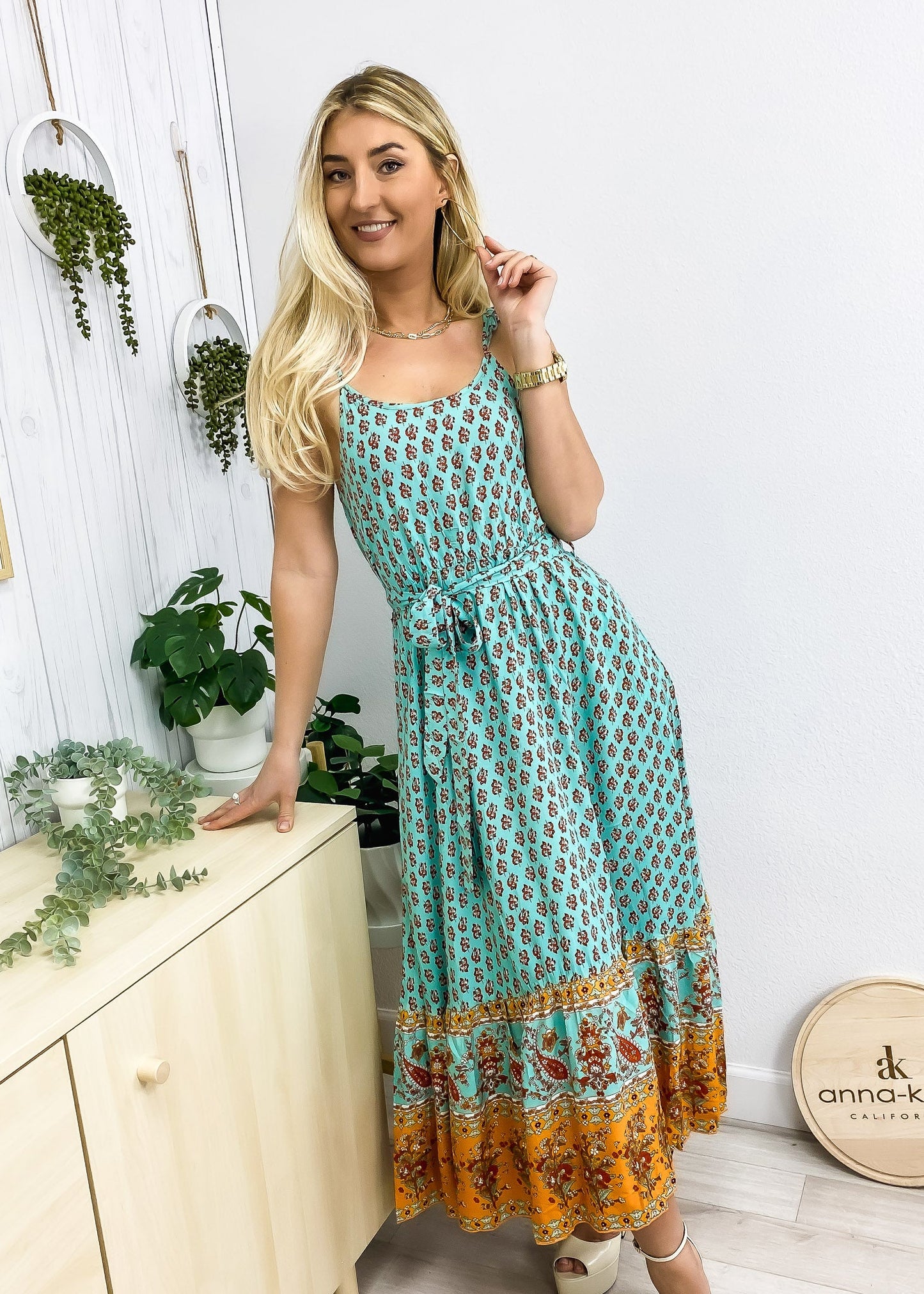 Paisley Print Tie Waist Midi Dress