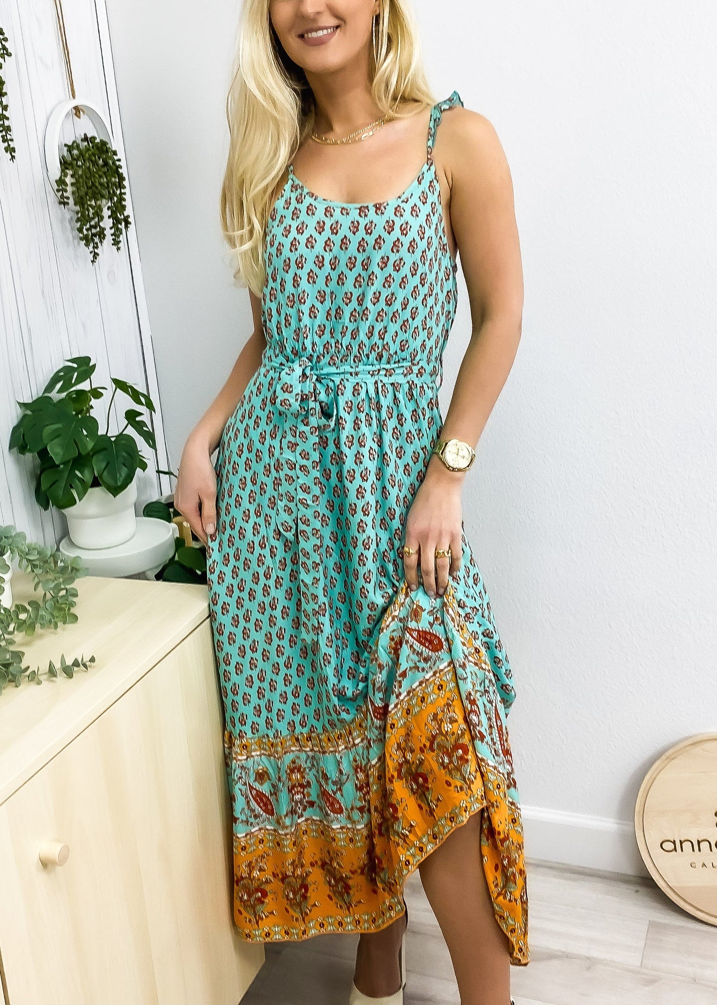 Paisley Print Tie Waist Midi Dress