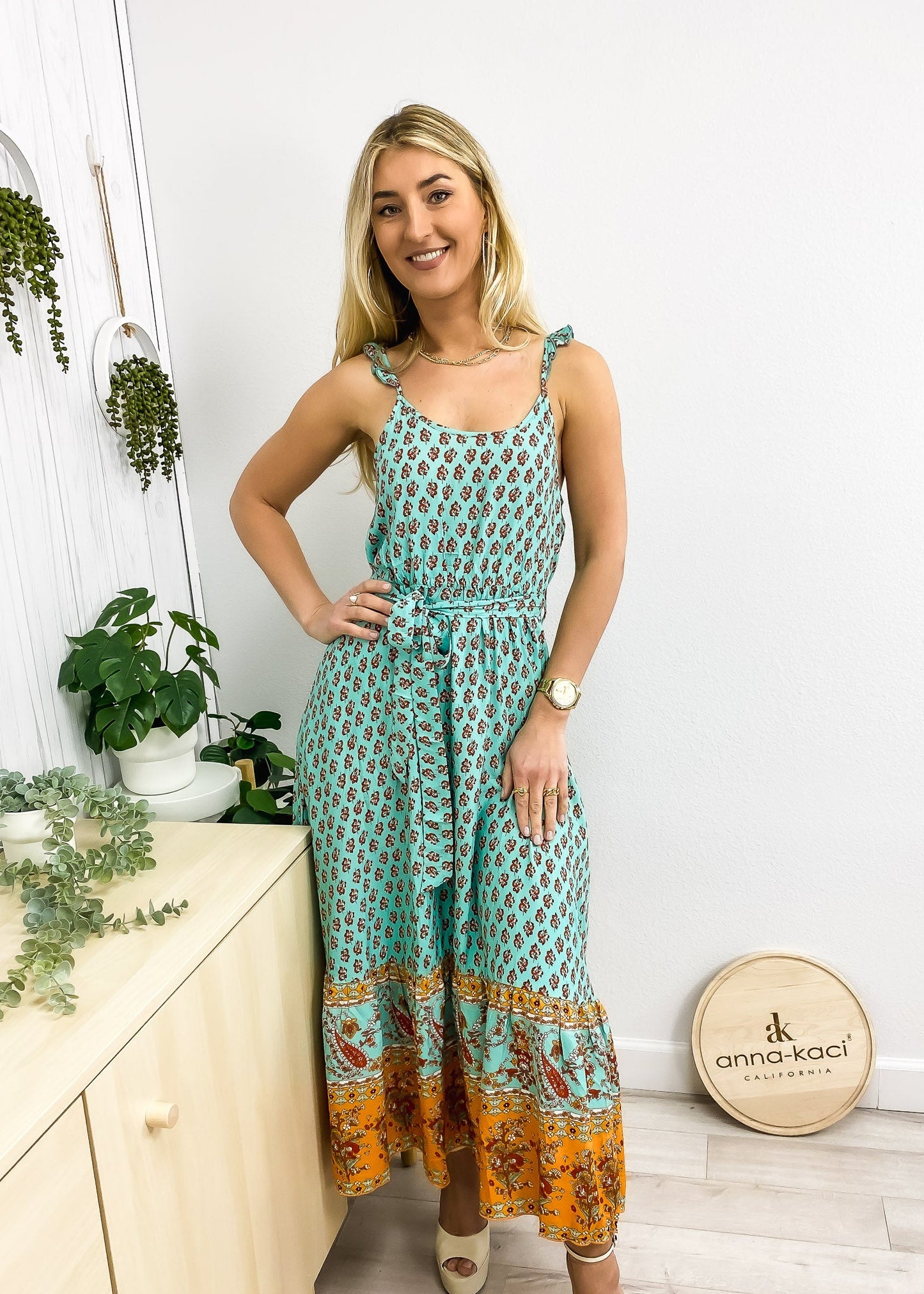 Paisley Print Tie Waist Midi Dress