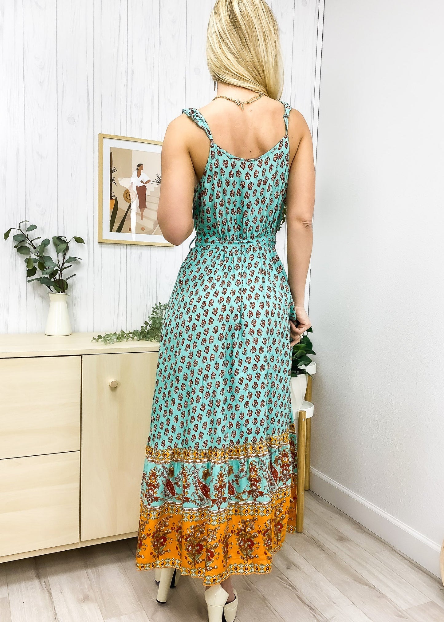 Paisley Print Tie Waist Midi Dress
