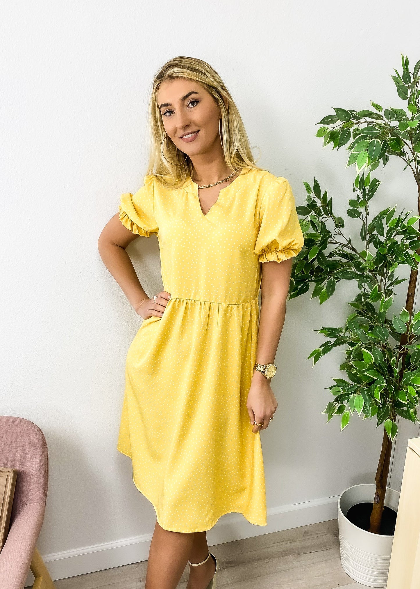 V Neck Polka Dot Dress