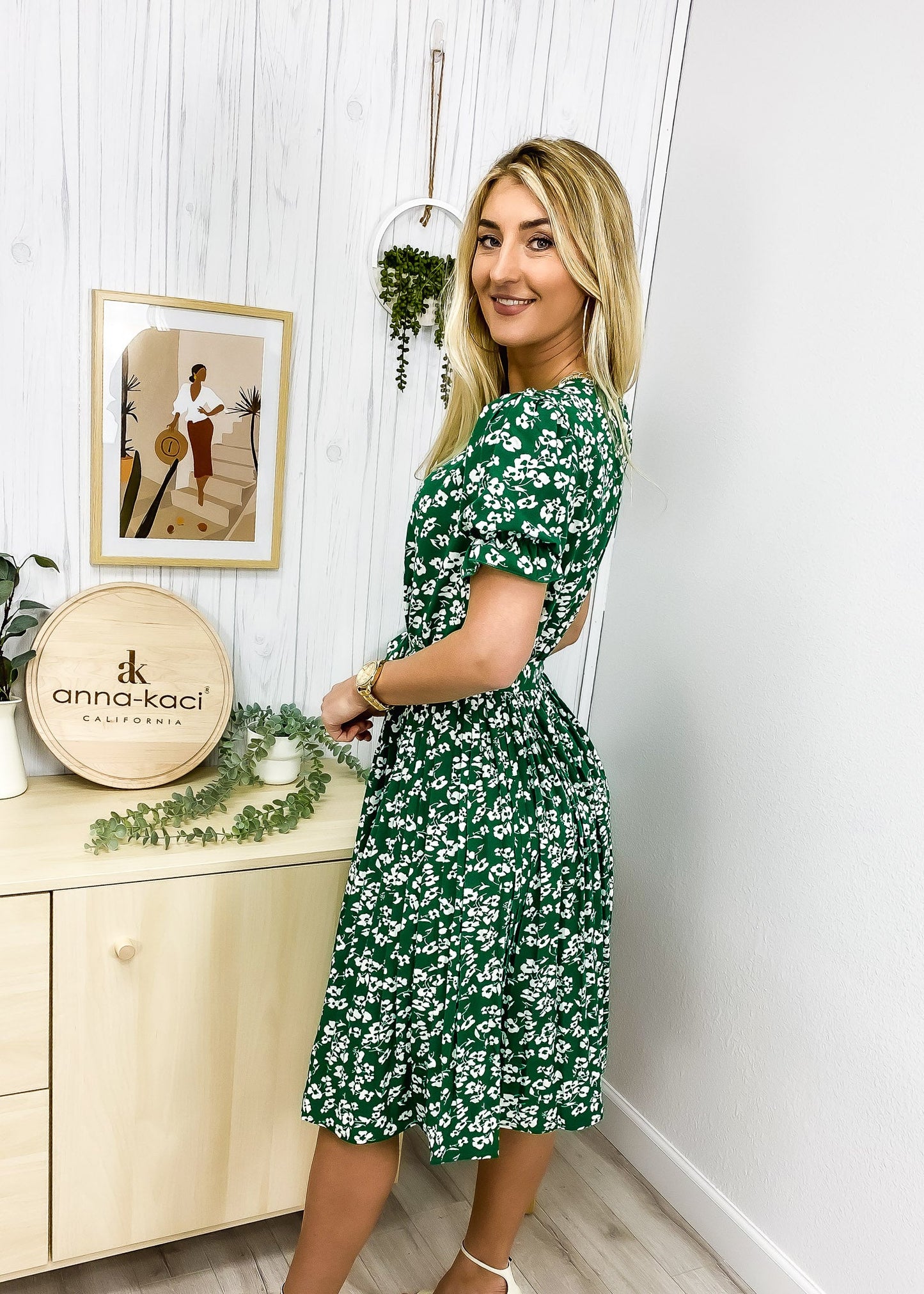 Floral Print Pleated Neck Dress
