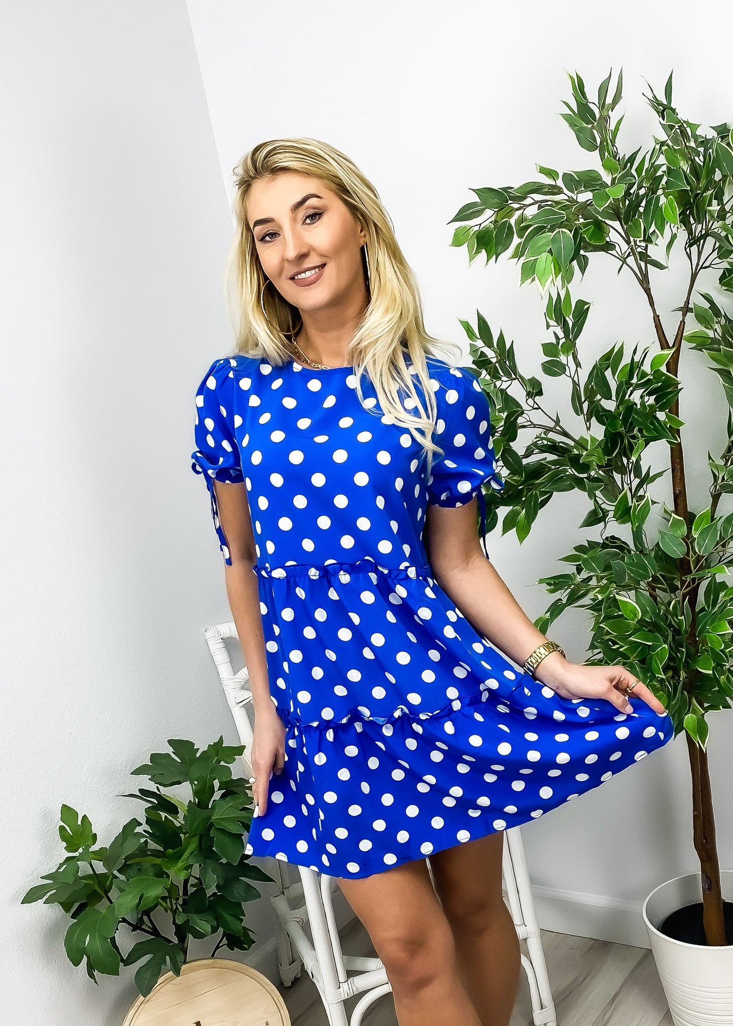 Polka Dot Puff Sleeve Tiered Dress