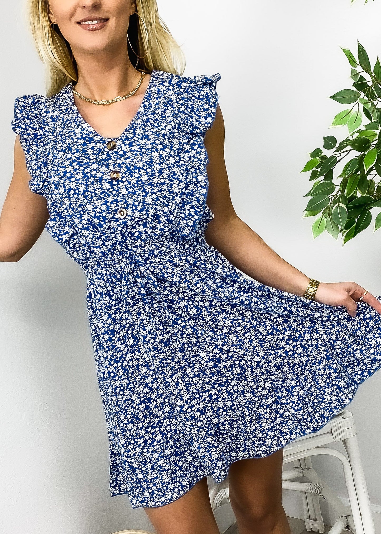 Ditsy Floral Ruffle Front Dress