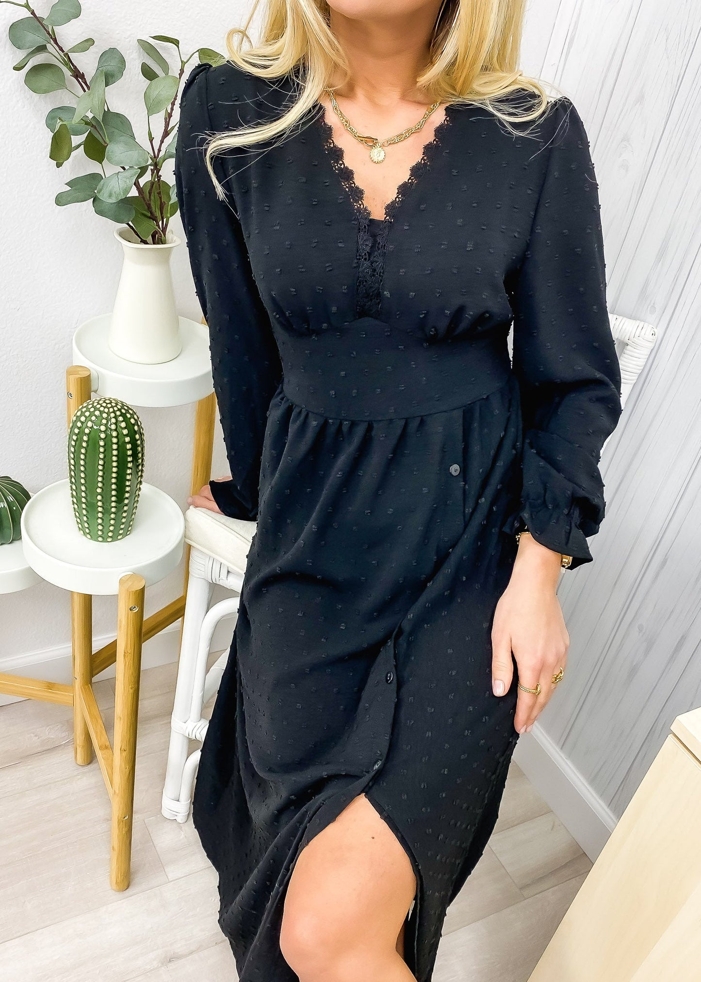 Lace Trim Button Dress