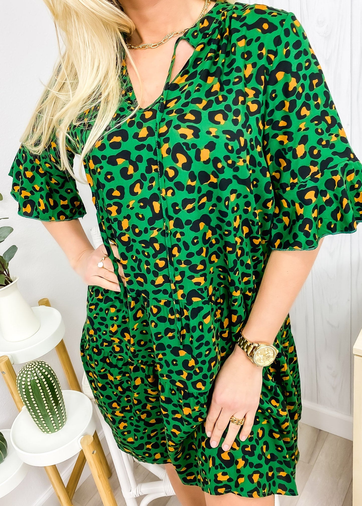 Solid Tie Neck Tiered Dress