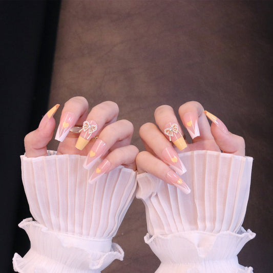 Long Square Yellow French Tip Press On Nails with Bow