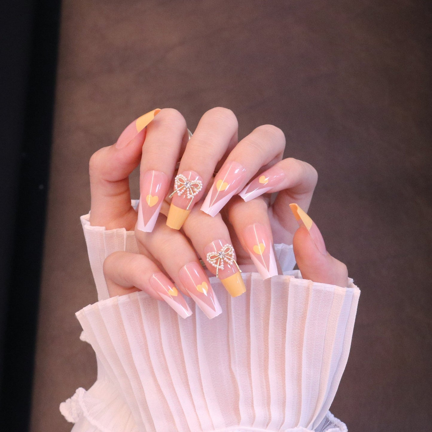 Long Square Yellow French Tip Press On Nails with Bow