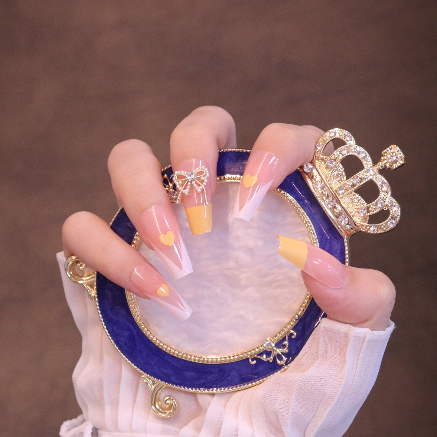 Long Square Yellow French Tip Press On Nails with Bow