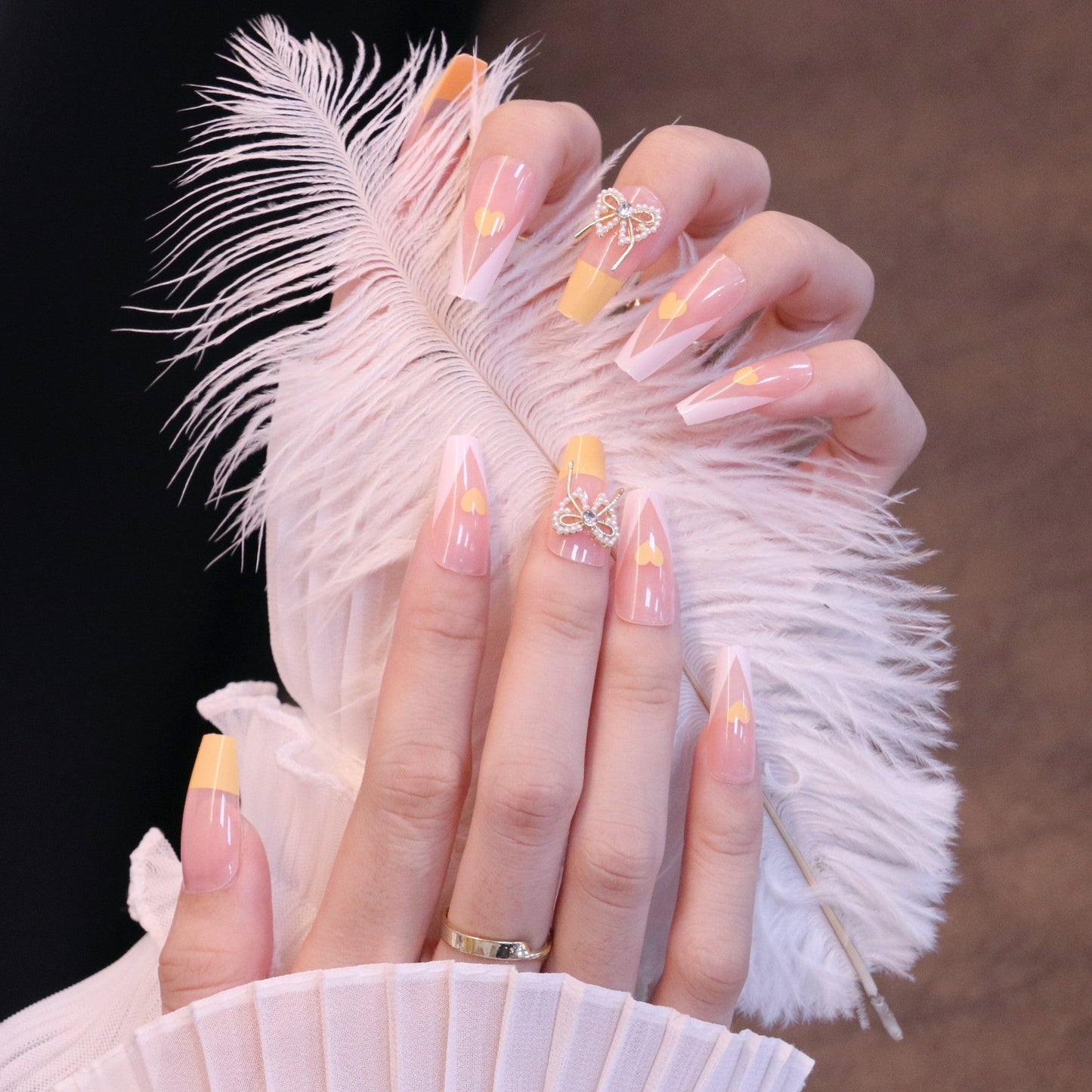 Long Square Yellow French Tip Press On Nails with Bow