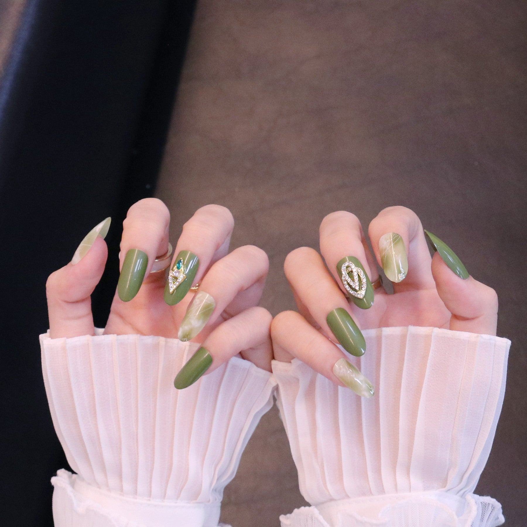 Green Nail Inspo with Crystal Edge