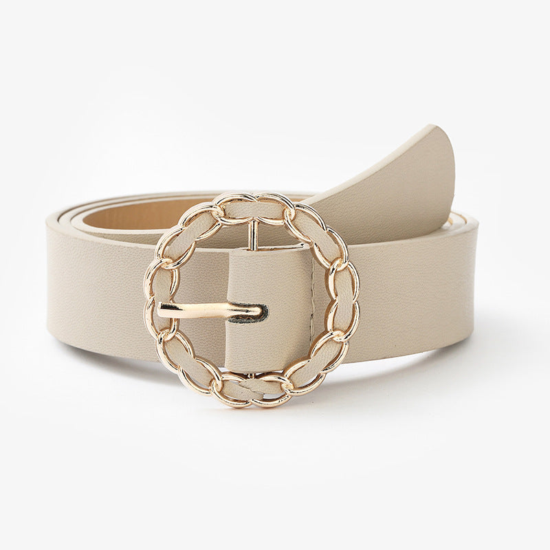 Faux Leather Belt with Round Gold Chian Buckle
