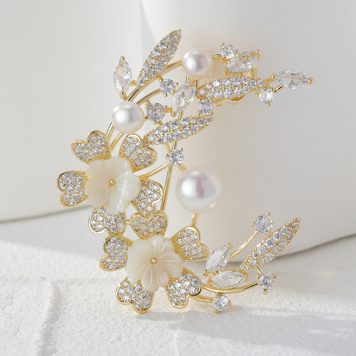 Floral Half Moon Brooch with Crystals and Pearls