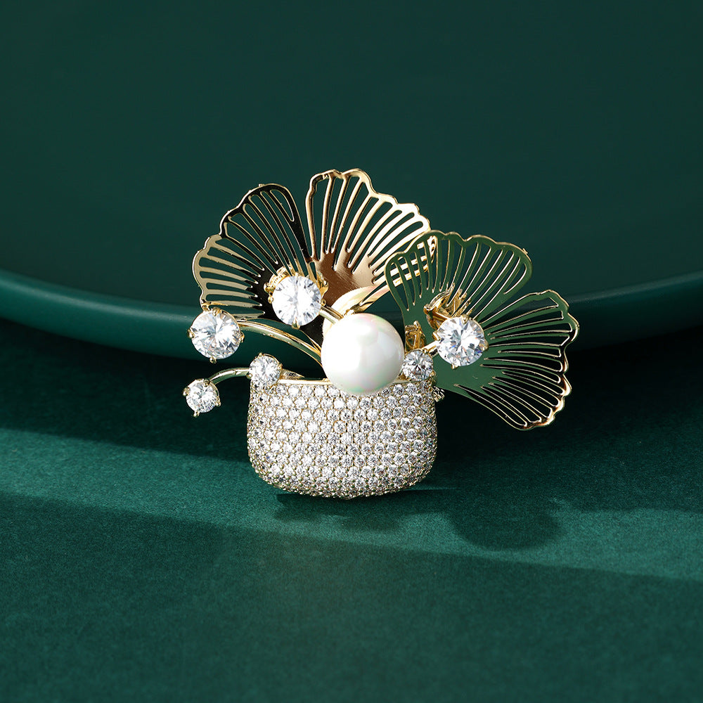 Plant-Filled Pouch Brooch with Crystals and Pearl