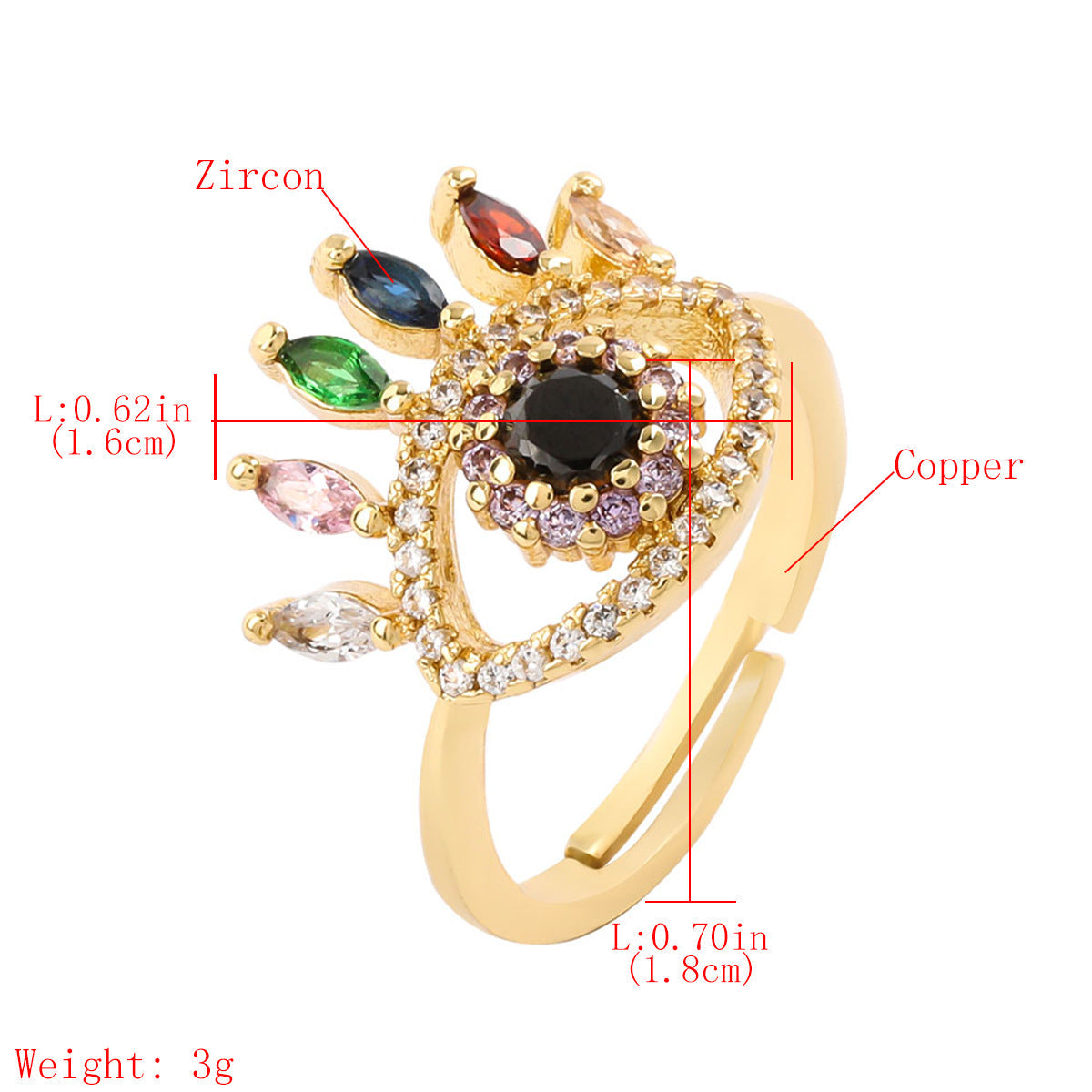 Eye Shaped Colorful Rhinestones Gold Adjustable Ring