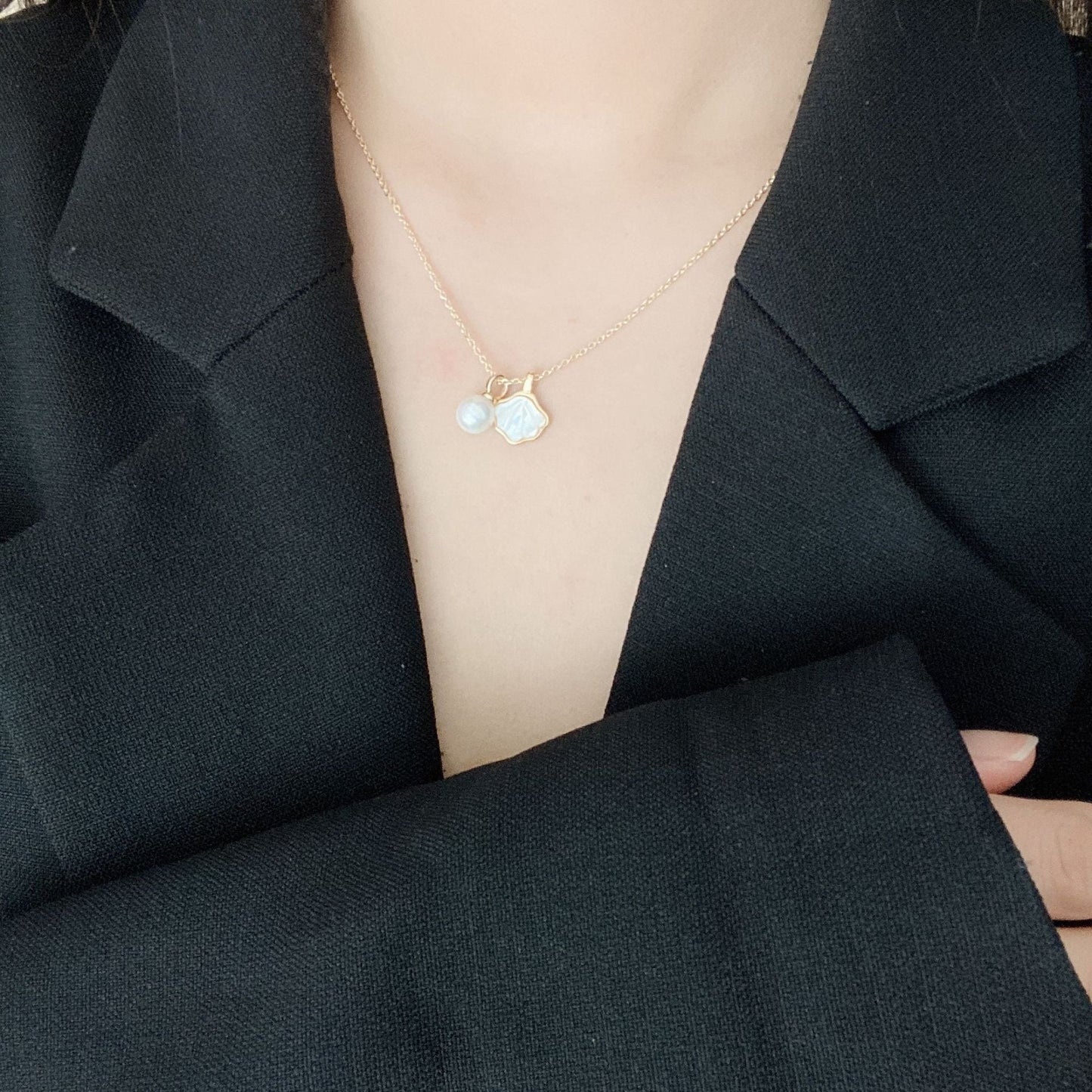 Iridescent Shell and Pearl Necklace