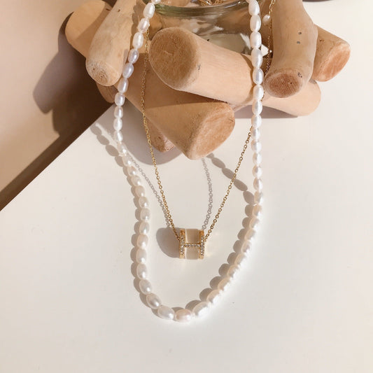 Double Layered Iridescent Stone and Pearl Necklace