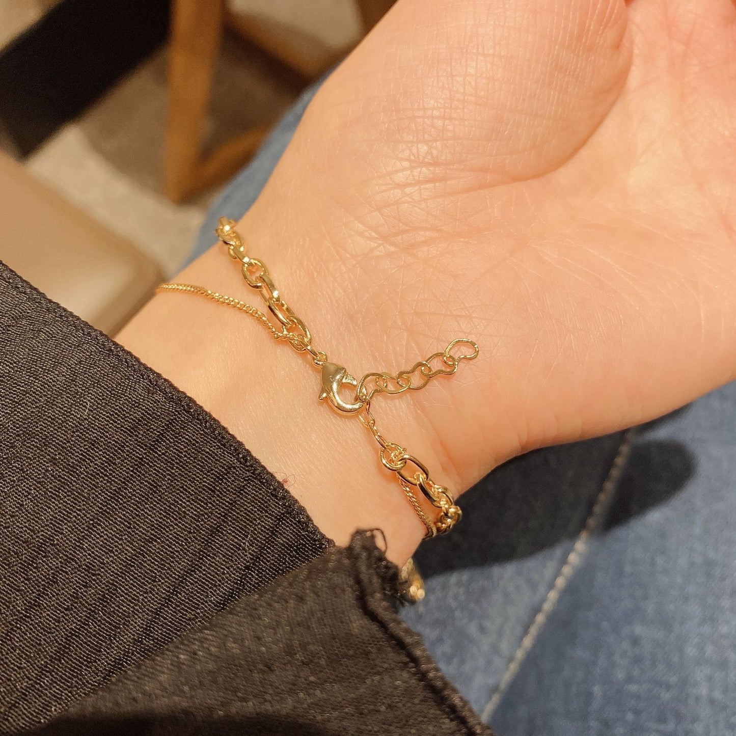 Double Layered Gold Chain Bracelet with Safety Pin Charm