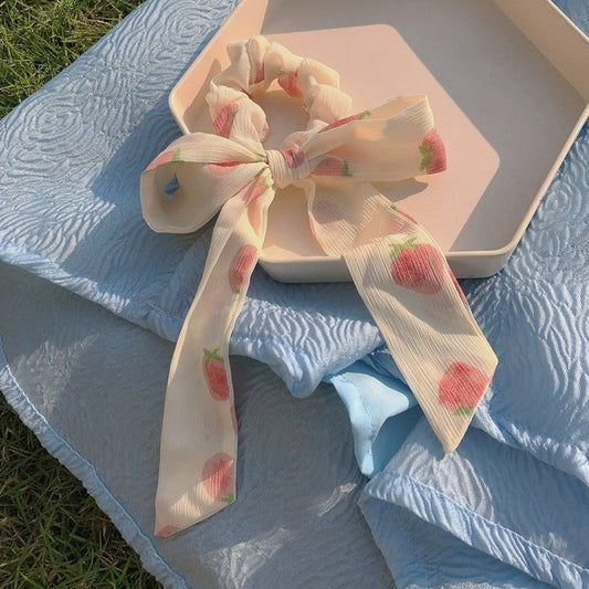 Strawberry Patterned Silky Long Scrunchy