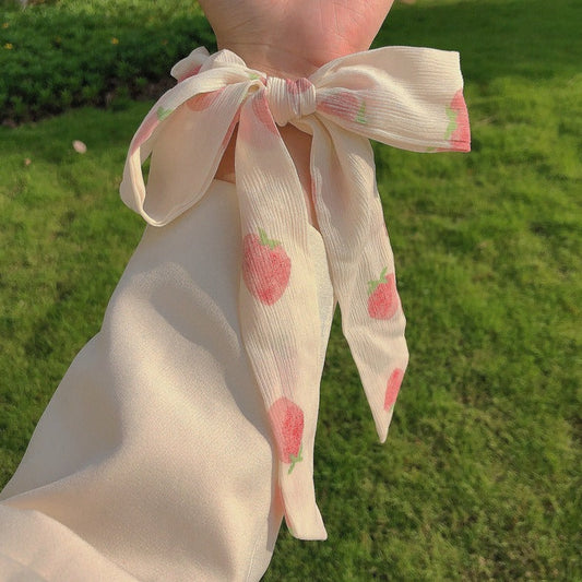 Strawberry Patterned Silky Long Scrunchy