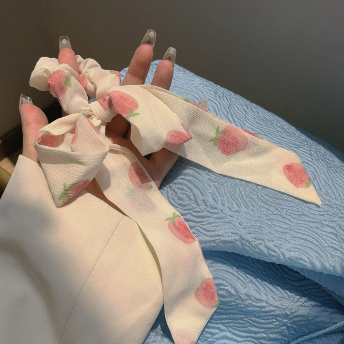 Strawberry Patterned Silky Long Scrunchy