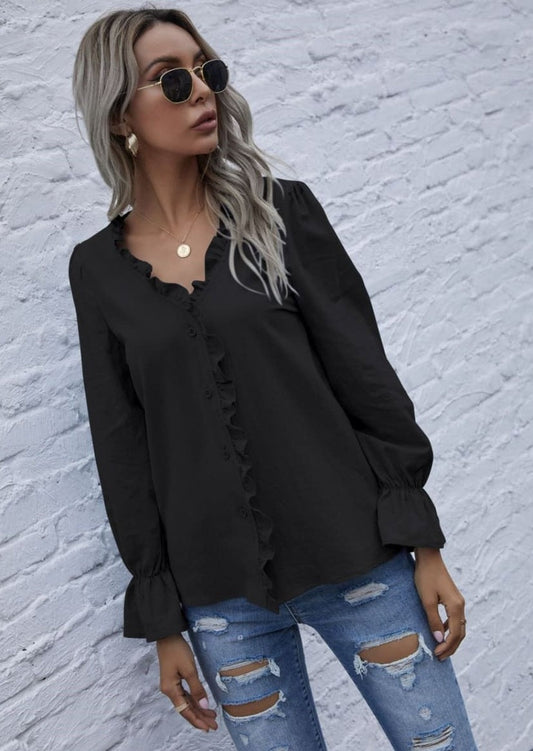 Ruffle Trim Button Down Blouse