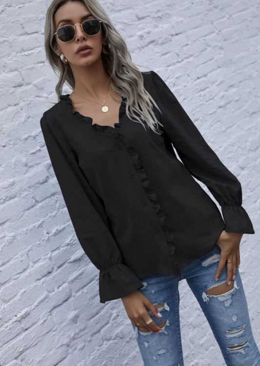 Ruffle Trim Button Down Blouse