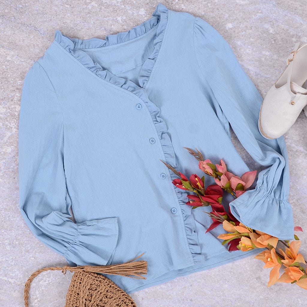 Ruffle Trim Button Down Blouse
