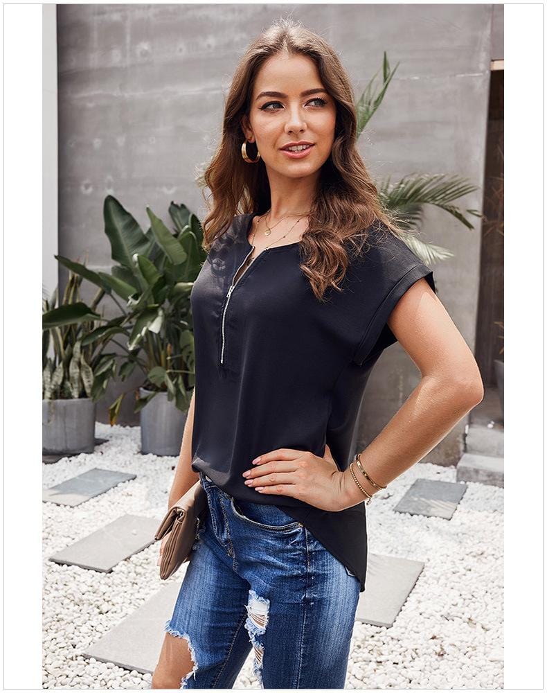Cuffed Zipper Chiffon Blouse