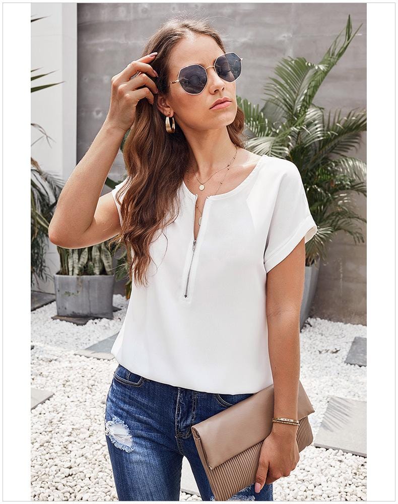 Cuffed Zipper Chiffon Blouse