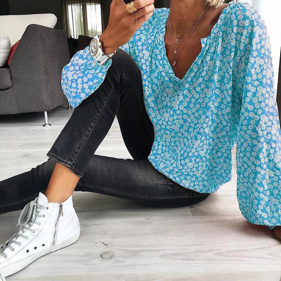 Flower Print Gathered Blouse