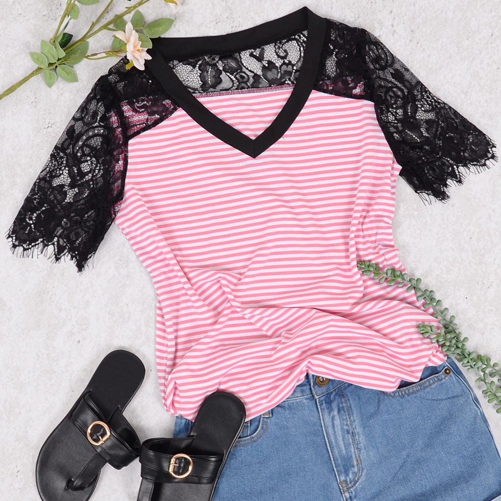 Striped Print Lace Detail Shirt