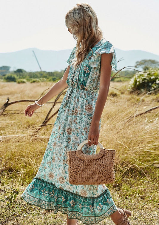 Butterfly Sleeve Printed Boho Dress