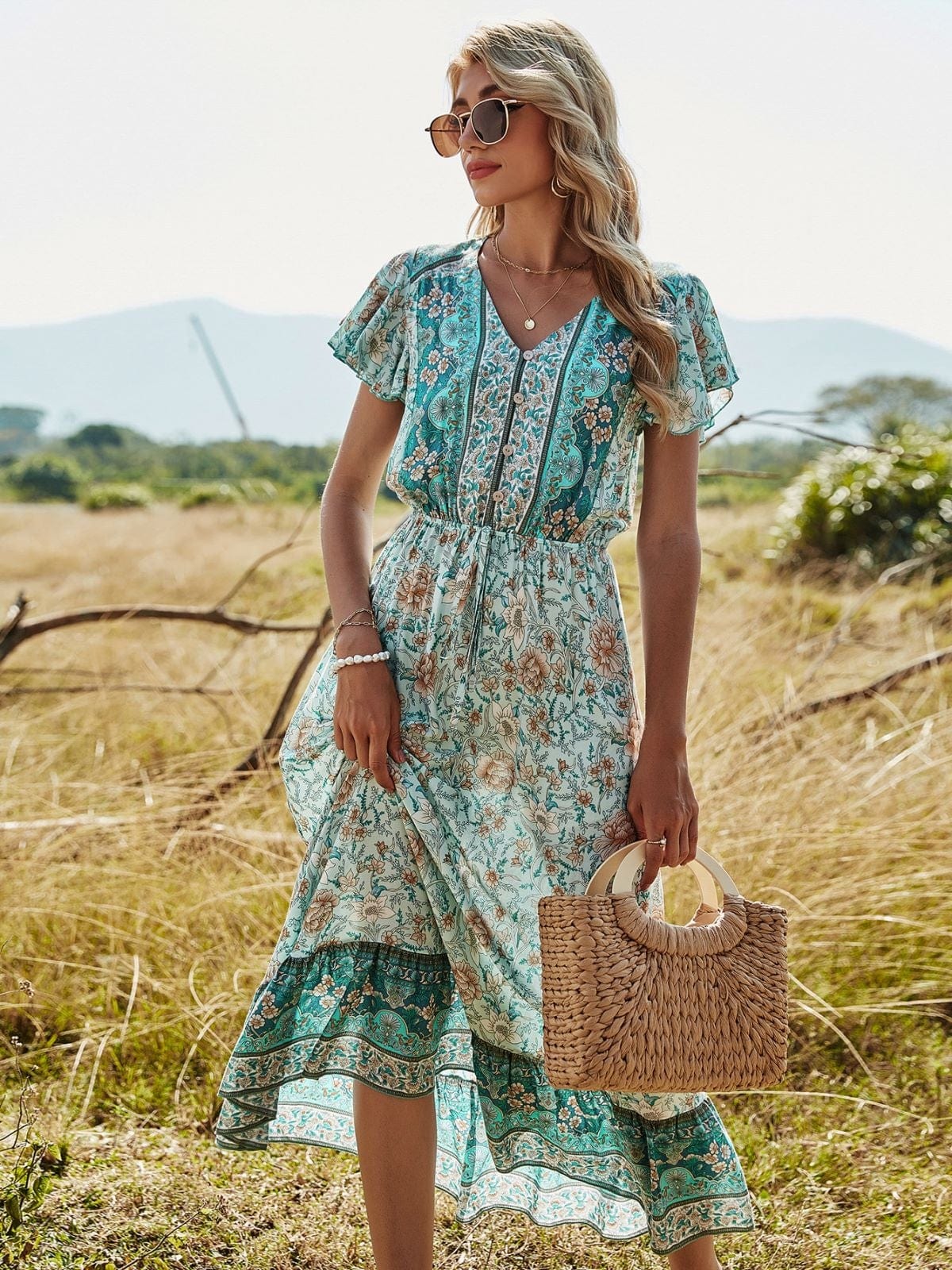 Butterfly Sleeve Printed Boho Dress