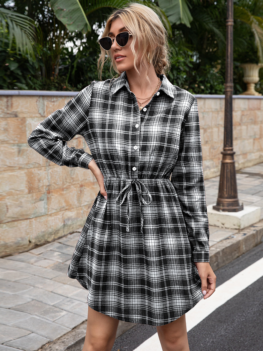 Plaid Print Tied Collar Romper