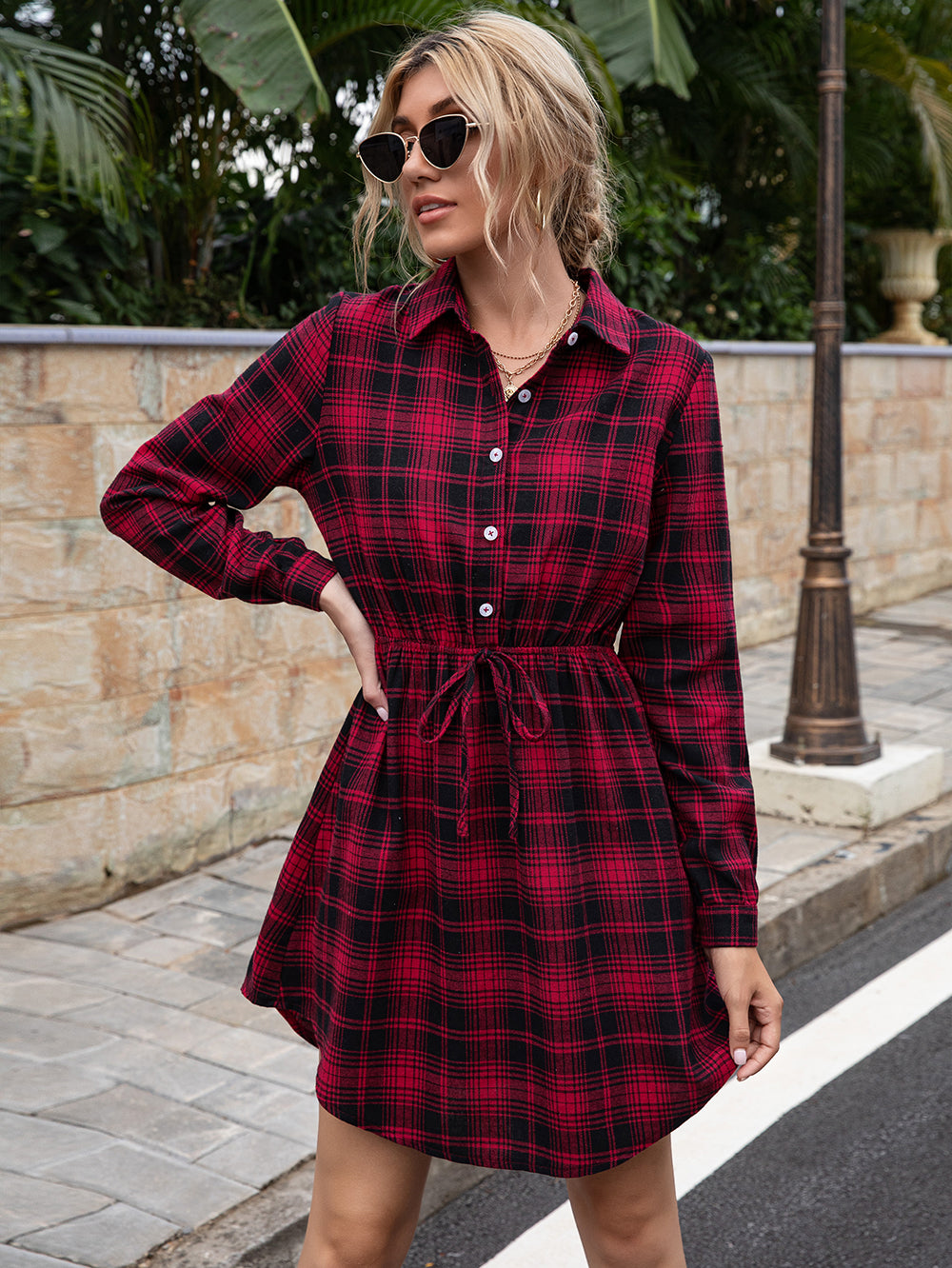 Plaid Print Tied Collar Romper
