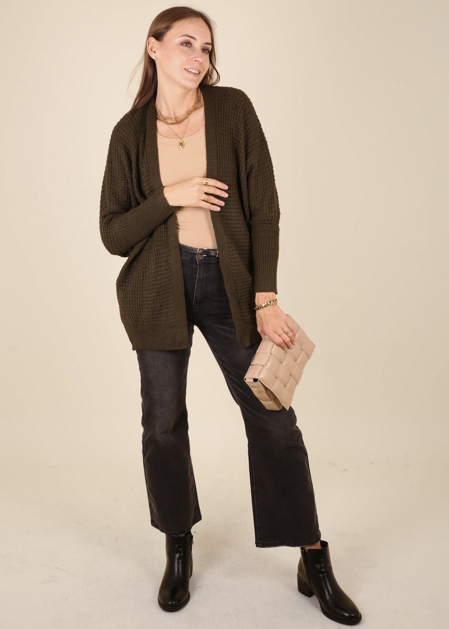 Waffle Knit Open Front Cardigan Sweater