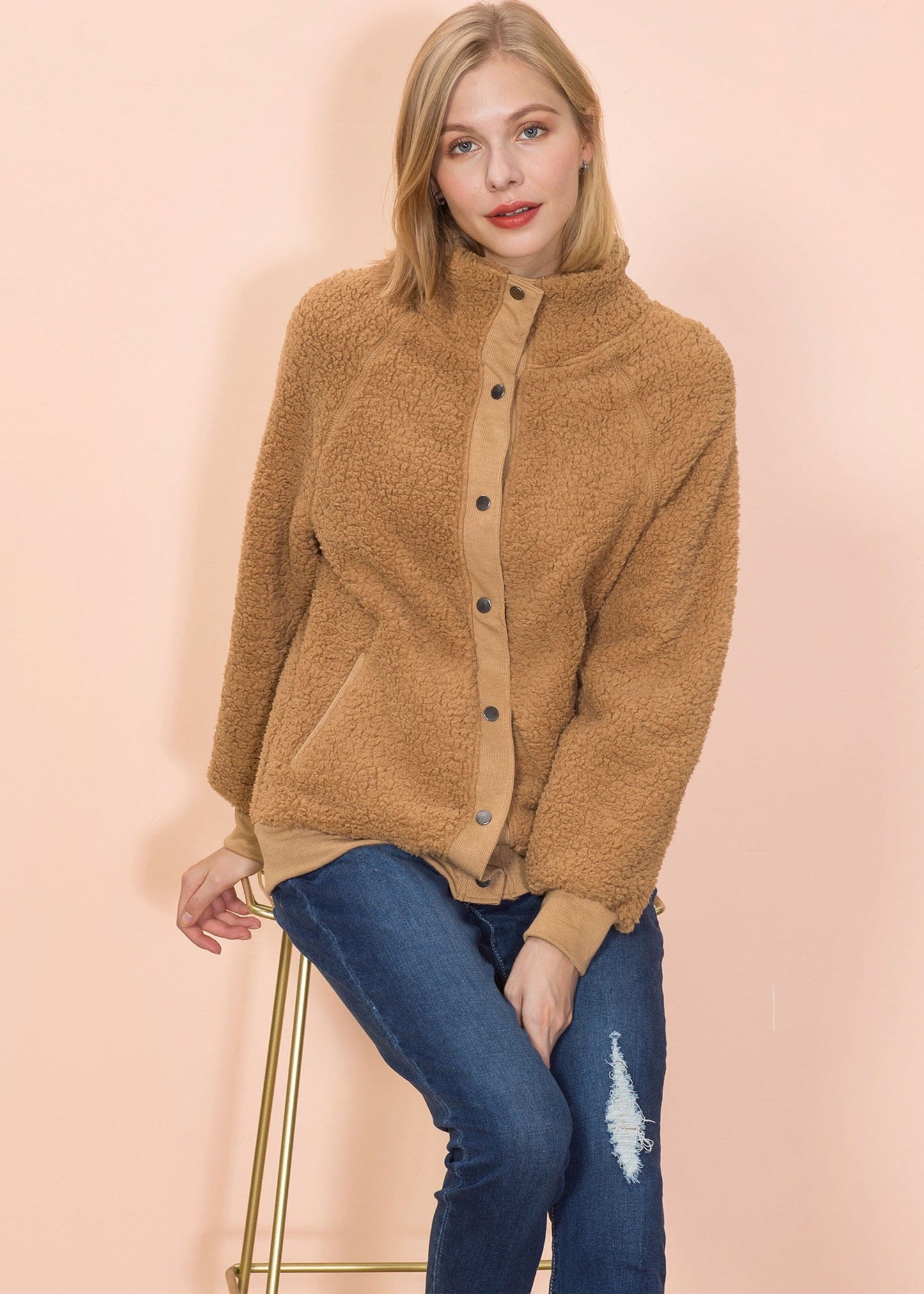 Solid Color Shearling Teddy Jacket