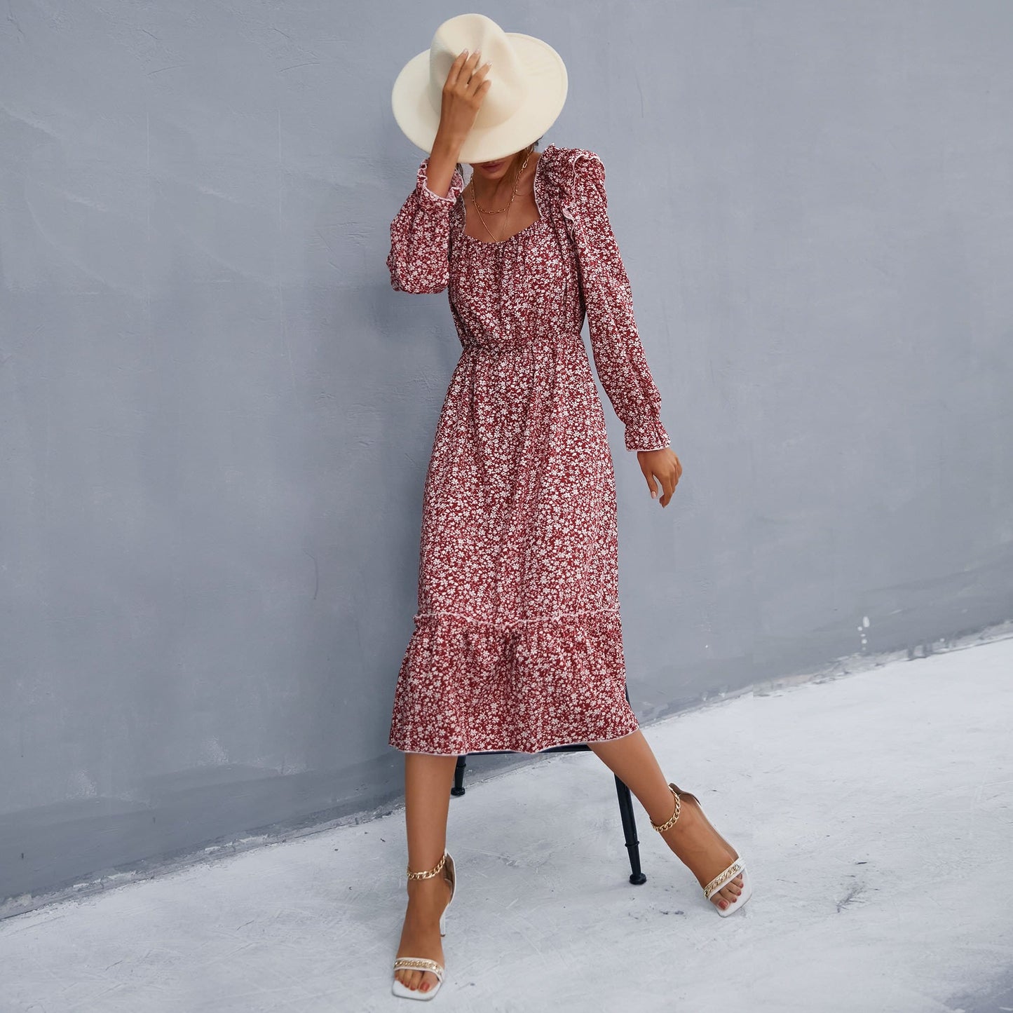 Square Neck Floral Ruffle Dress
