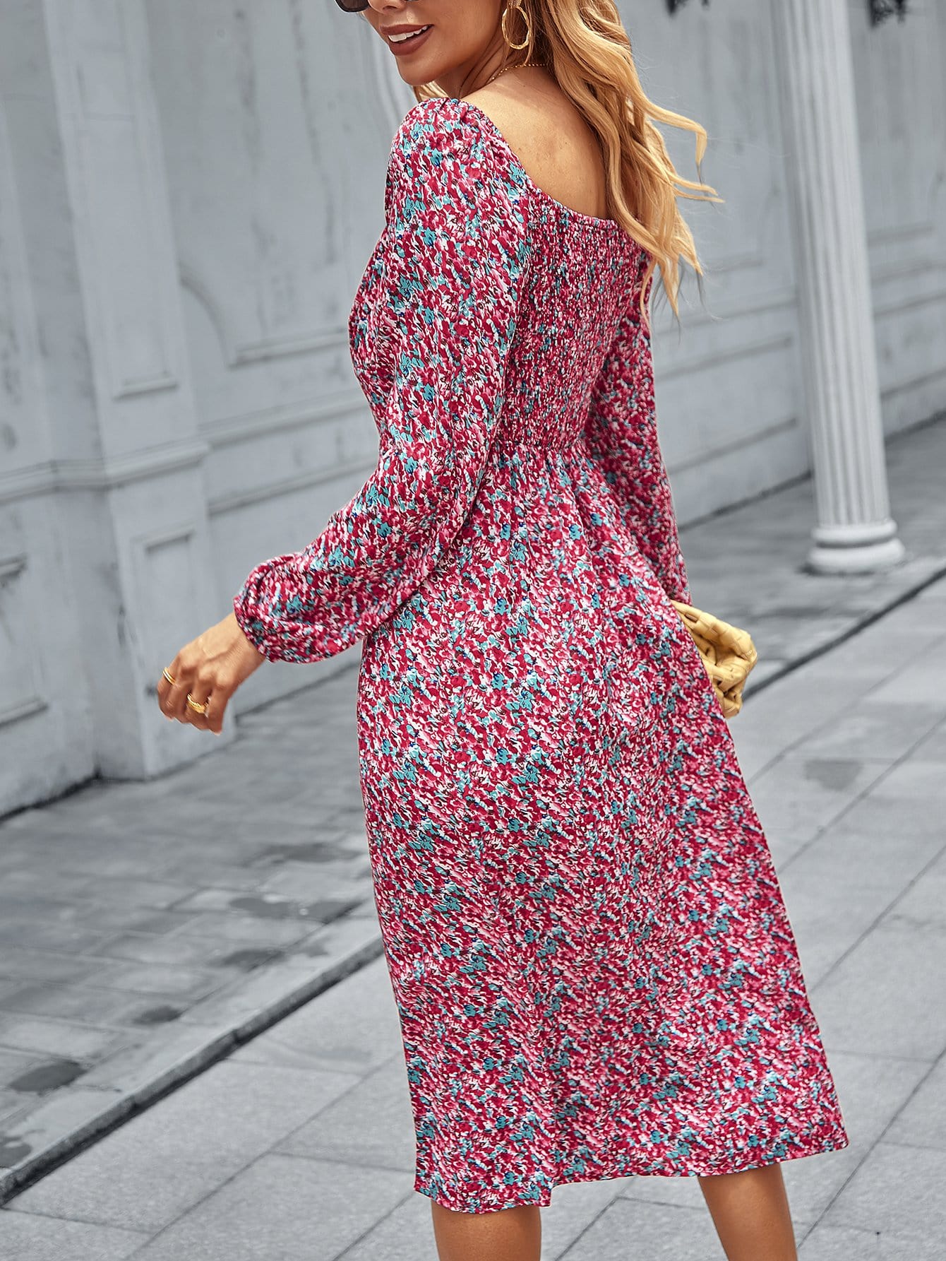 Square Neck Floral Print Dress