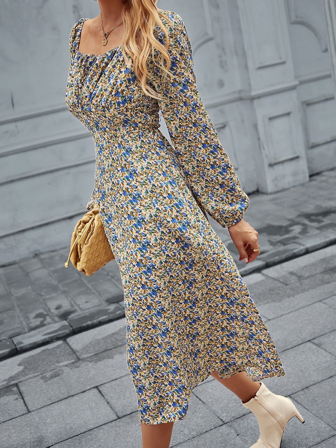 Square Neck Floral Print Dress