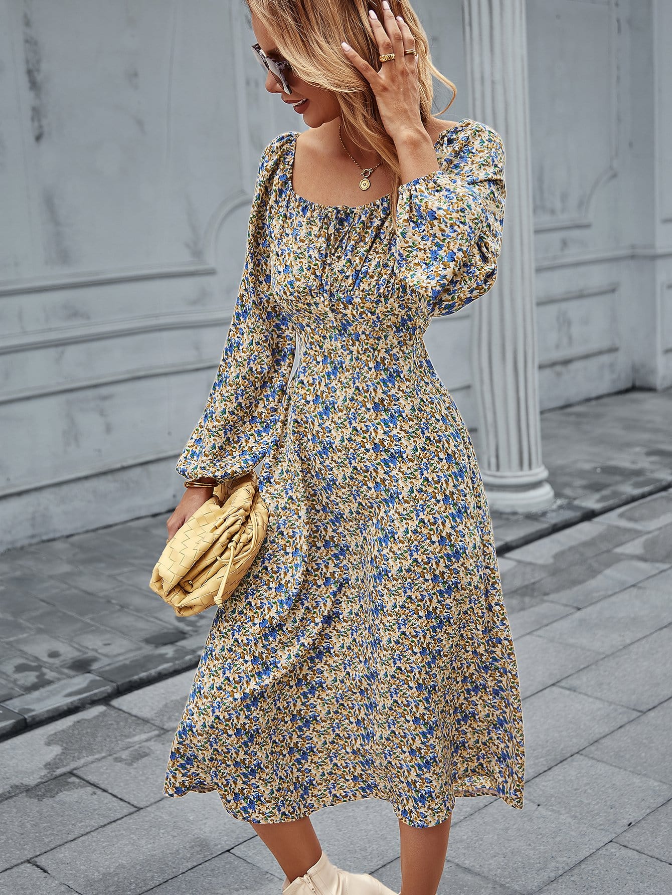 Square Neck Floral Print Dress