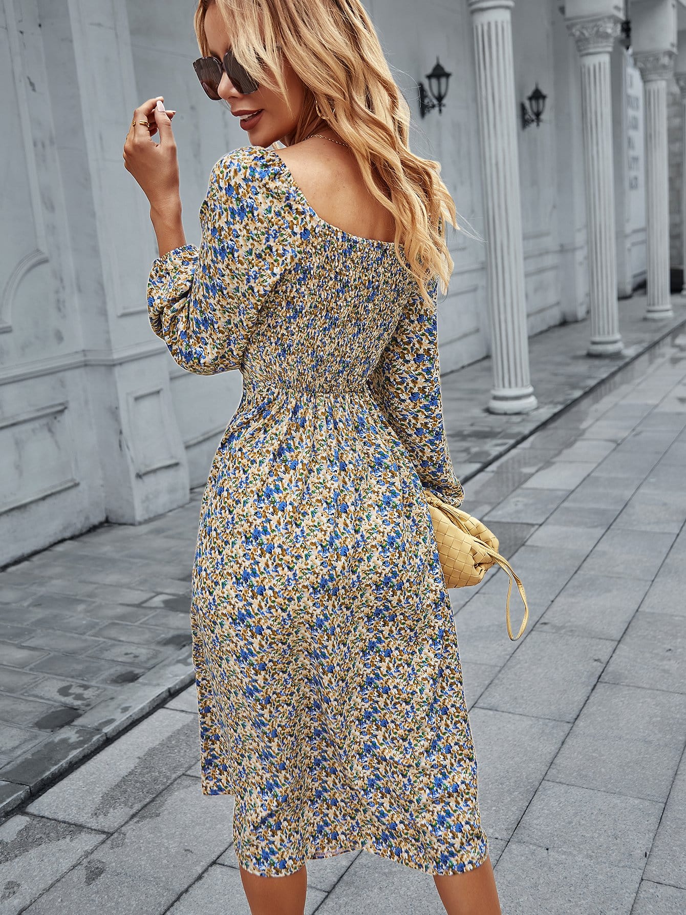 Square Neck Floral Print Dress