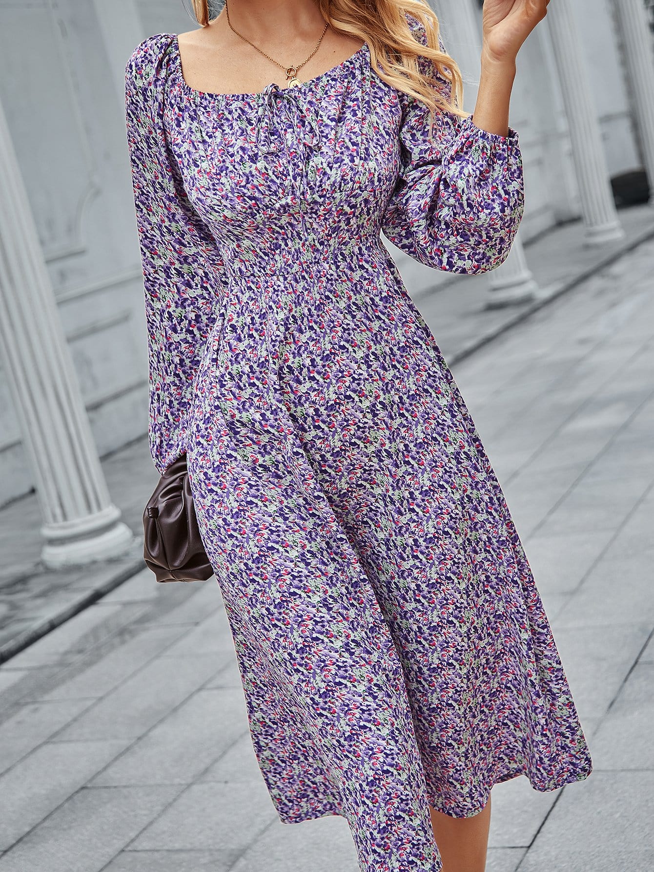 Square Neck Floral Print Dress