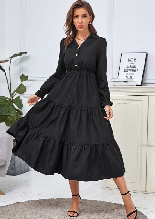 Collared Long Sleeve Tiered Dress