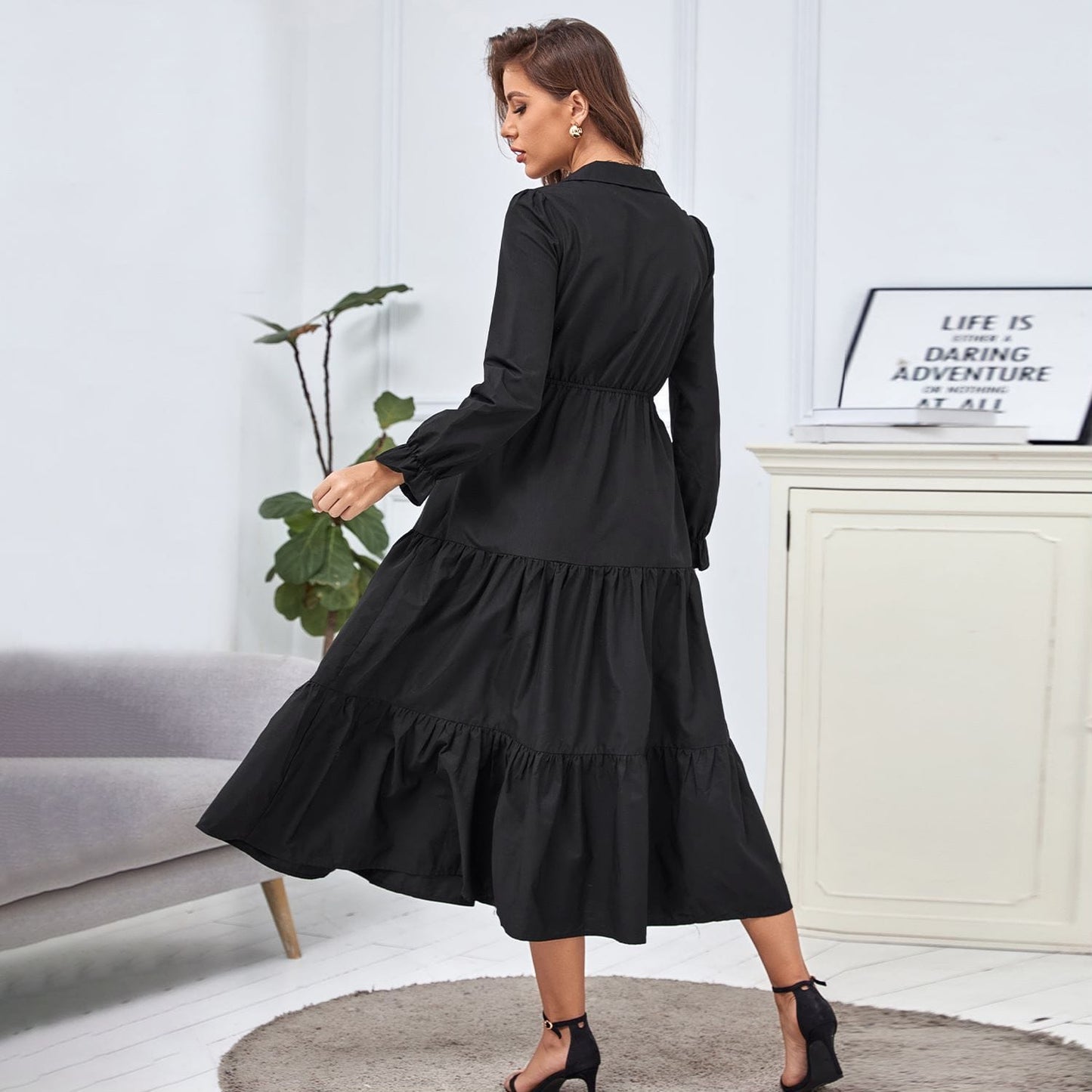 Collared Long Sleeve Tiered Dress